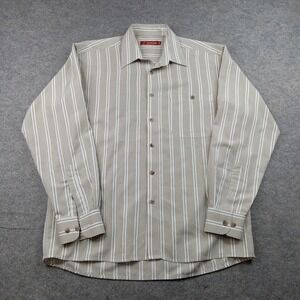 Maxini Dress Shirt Mens Medium Beige Stripe Polyester Long Sleeve Button Front